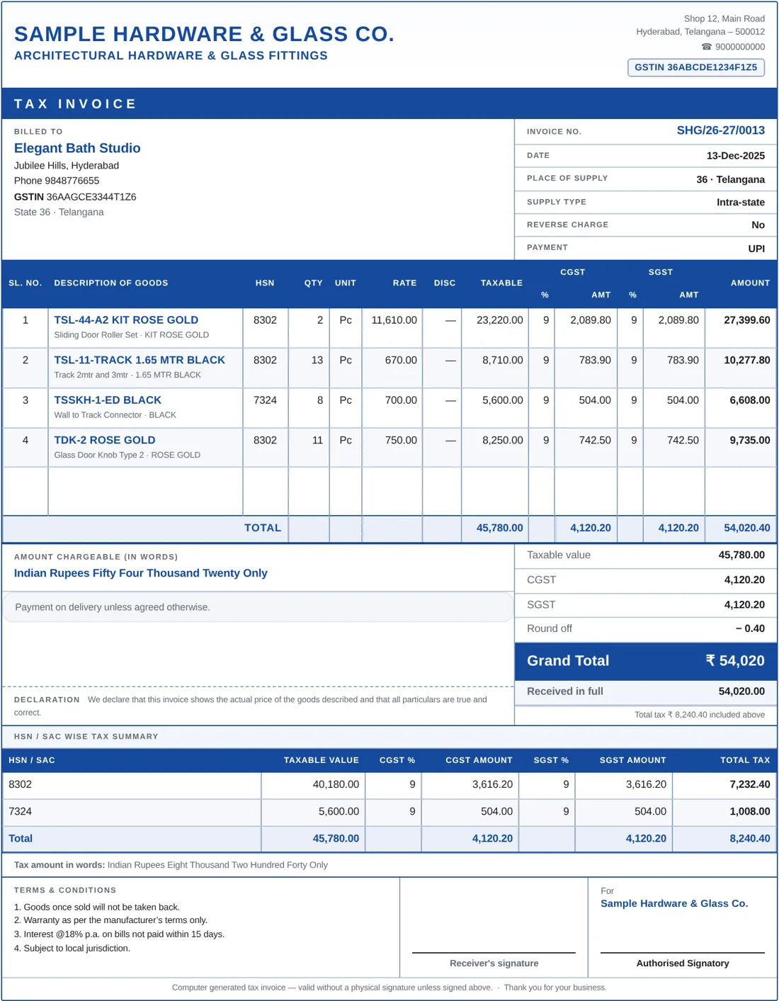A sample GST tax invoice for a hardware shop made in KC Billing, with HSN, taxable value, GST and an HSN-wise tax summary
