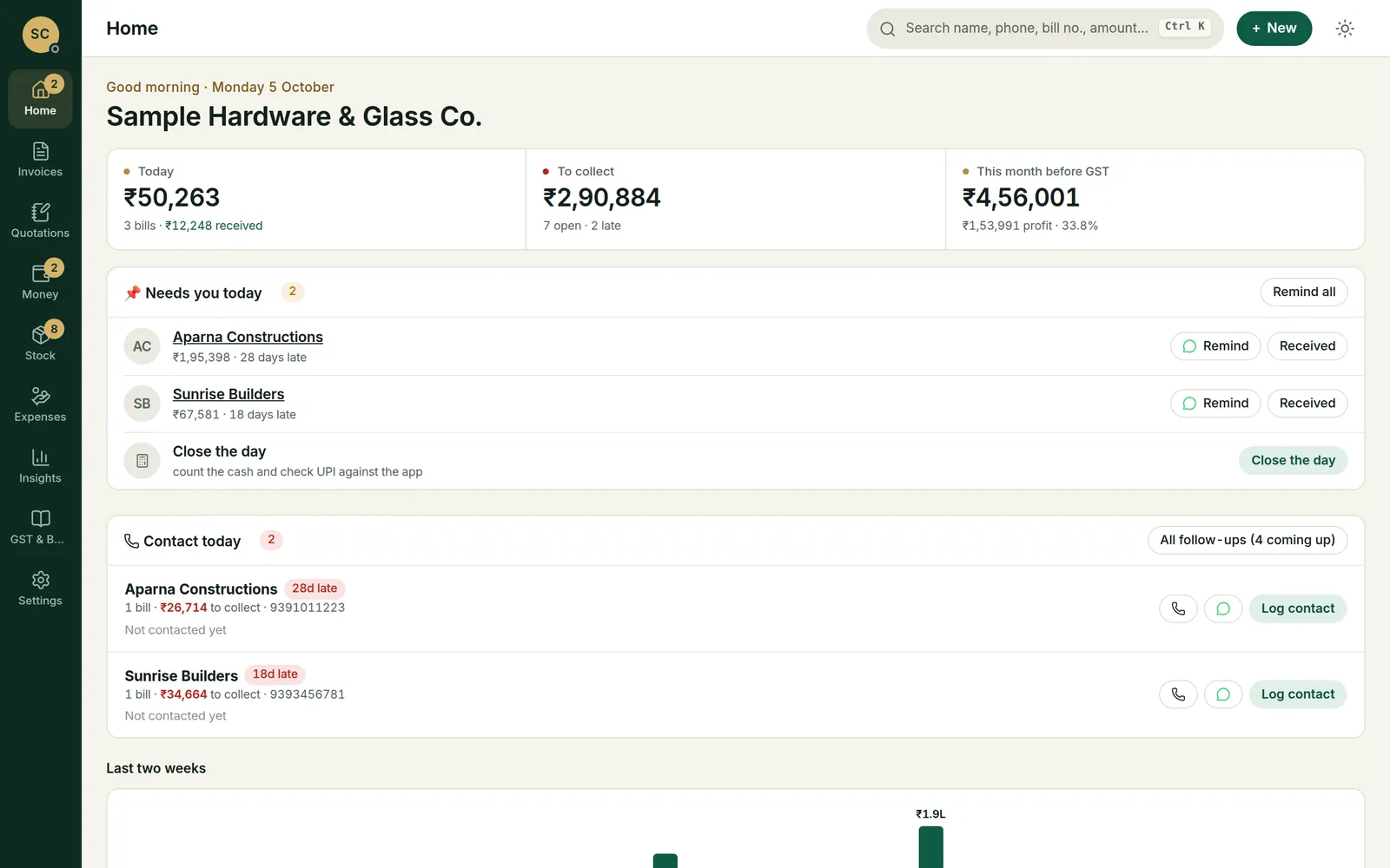 KC Billing home screen: today's sale, money to collect, this month, and customers to remind
